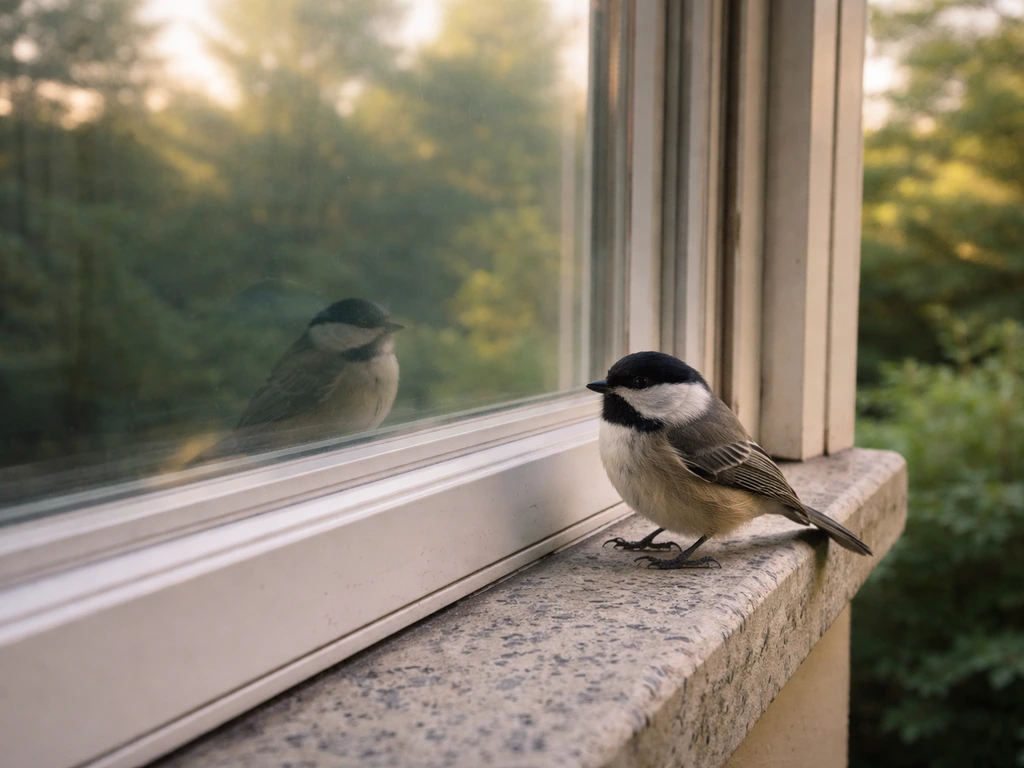 Small bird perched by a house window with reflected tree line in the glass.