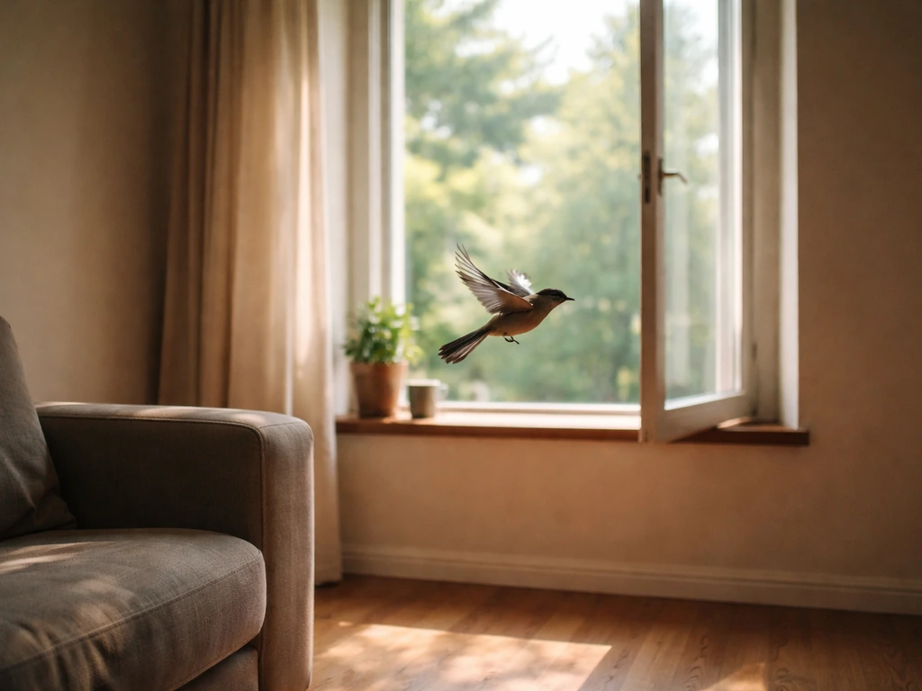 A small bird flies mid-flight inside a room, heading toward an open window in natural light.
