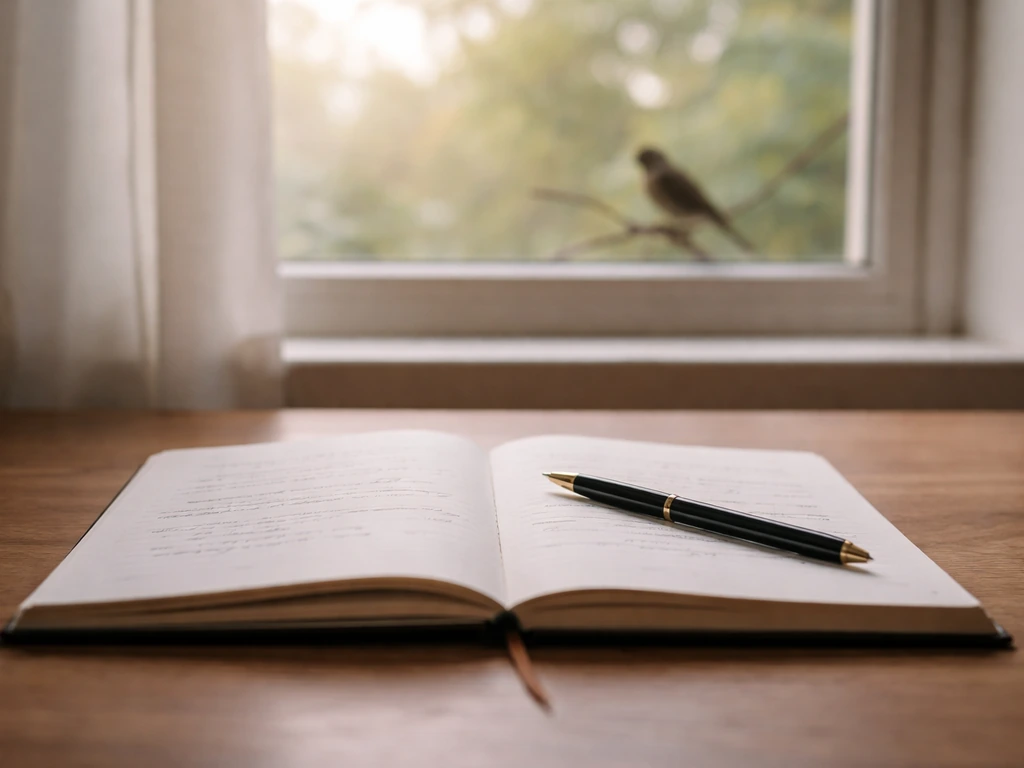 Open journal and pen on a desk by a window with a calm bird outside.
