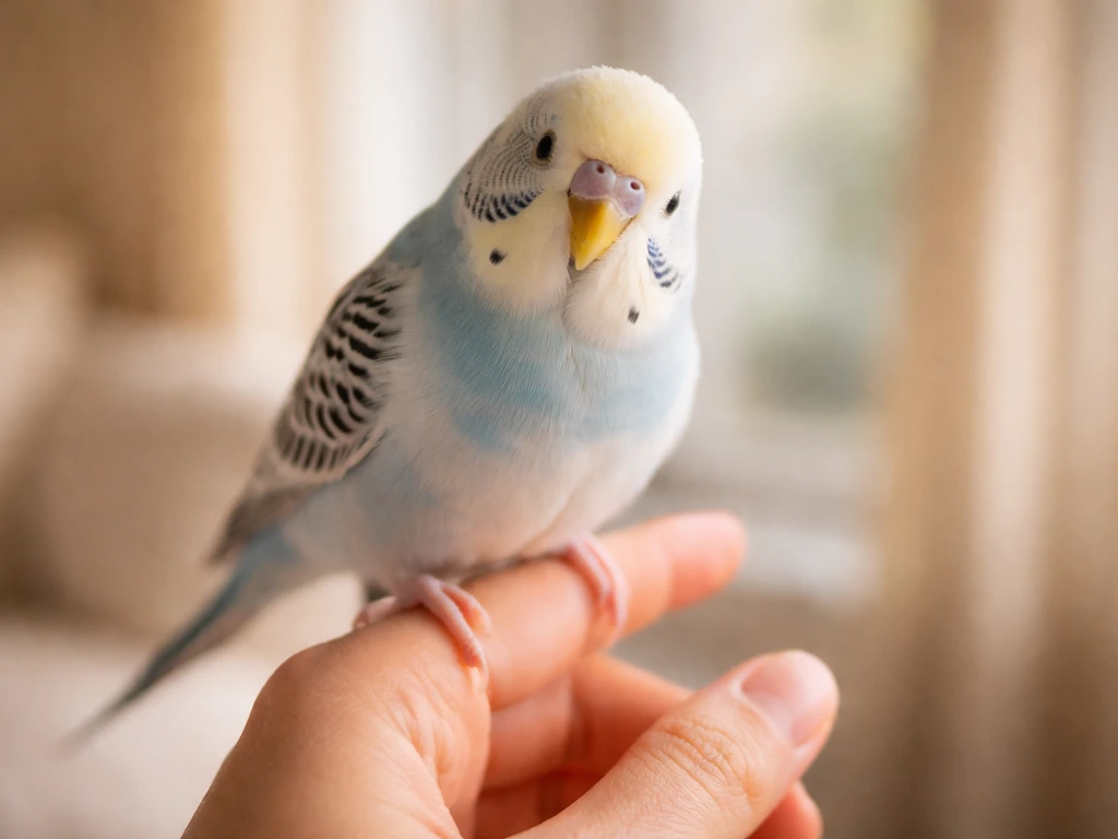 Small pet bird perched on a hand in a cozy home, suggesting trust and calm.