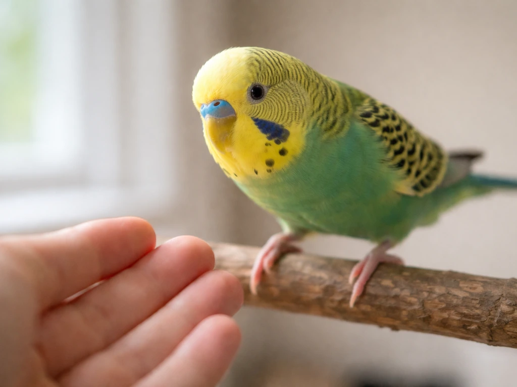 Small colorful parakeet stepping toward a person’s hand, perching close in a calm home setting