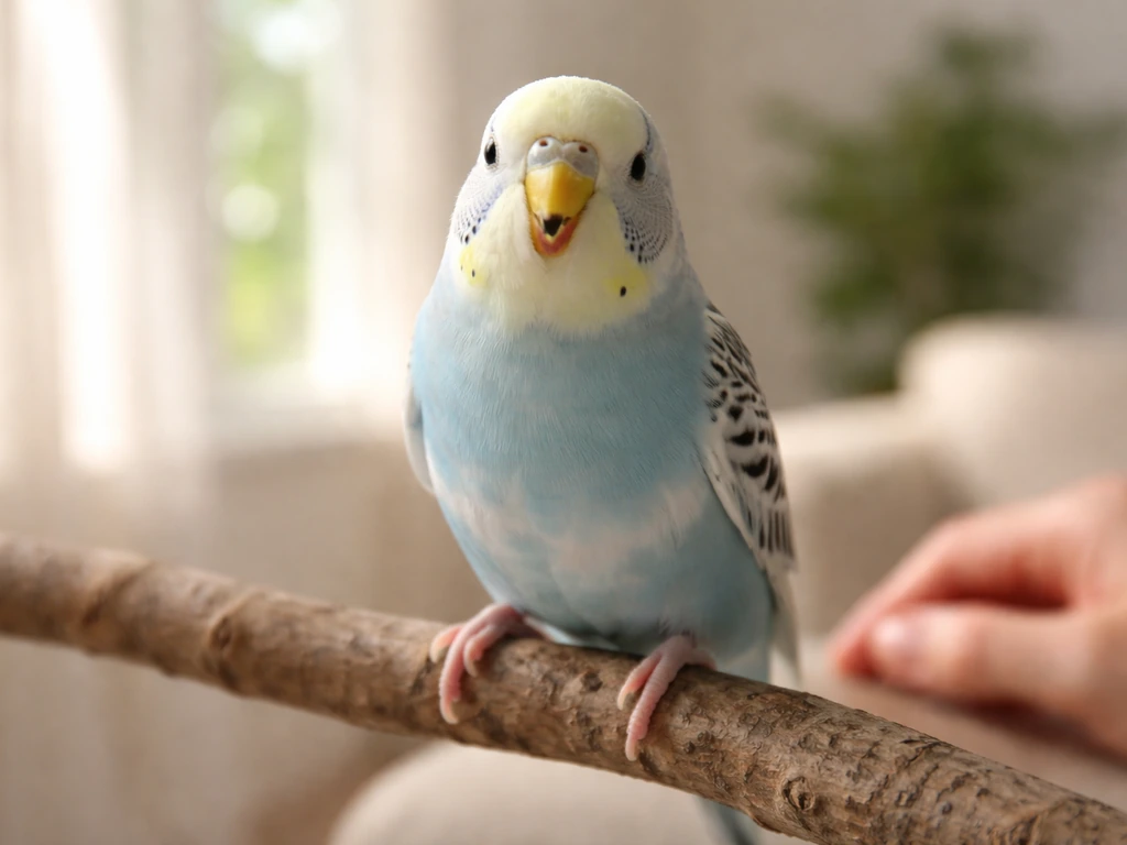 A relaxed small pet bird chirping on a perch, facing a nearby owner’s blurred hand in soft daylight.