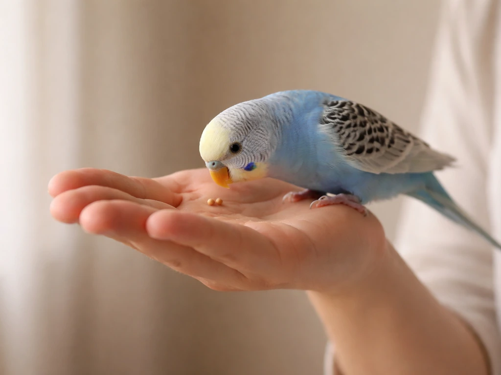 A small pet bird accepts a treat from an open hand while perched calmly on the hand