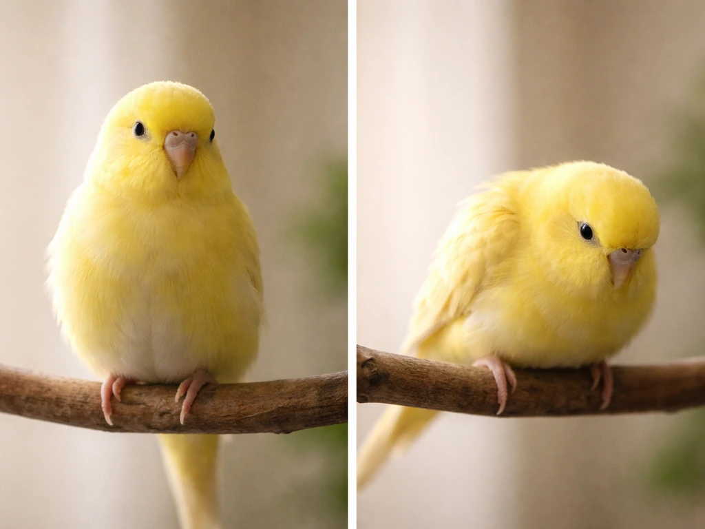 Split image of a small bird calmly perched vs hunched with lowered head showing stress cues.