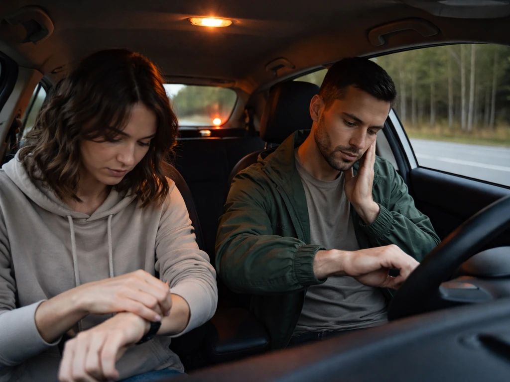Driver and passenger checking themselves after a bird strike with hazard lights on, car safely pulled over.