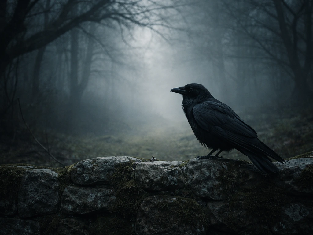 A raven perched on a stone wall in a misty forest clearing with a faint ethereal glow behind.