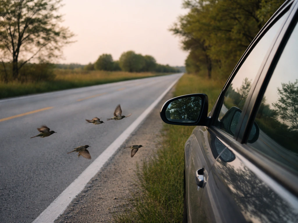 Roadside during bird migration with several small birds flying low near a car and window reflection