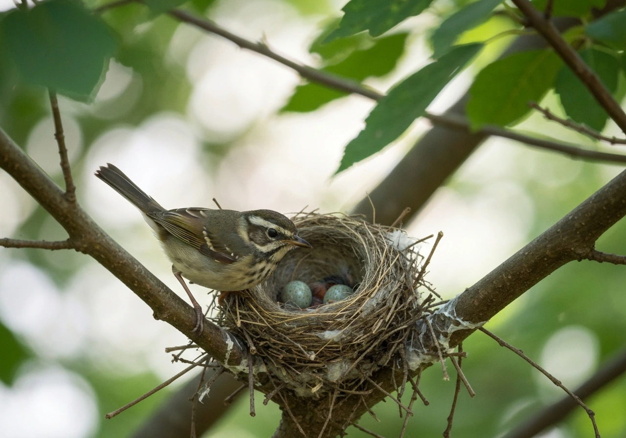 Small songbird perched on a nest with eggs in a calm outdoor setting.
