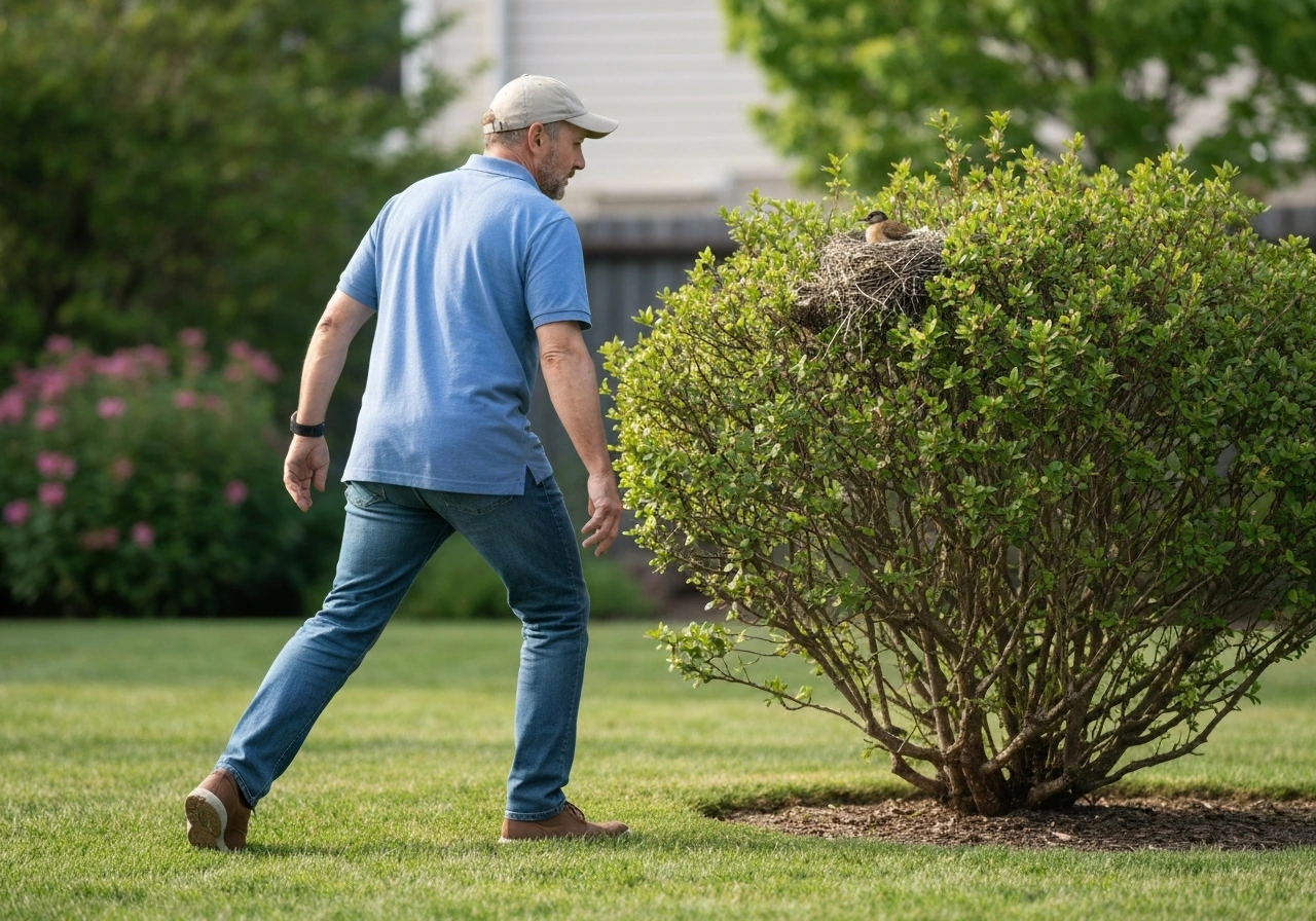 Anonymous person steps back quietly from a shrub with a bird perched on its nest.