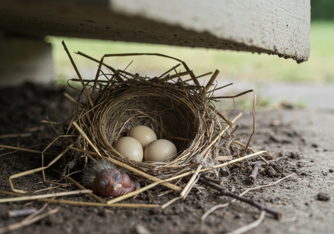 Eggs and a helpless nestling in a fallen bird nest under a porch, parent absent