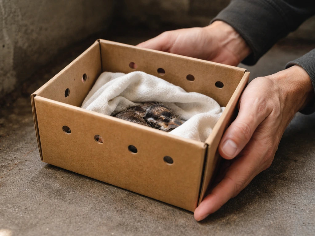 Rescuer holding a ventilated cardboard box with an injured nestling, placed in a quiet dark spot