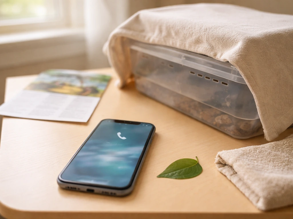 Close-up of a phone showing an outgoing call, with a quiet wildlife containment box and brochure on a table.