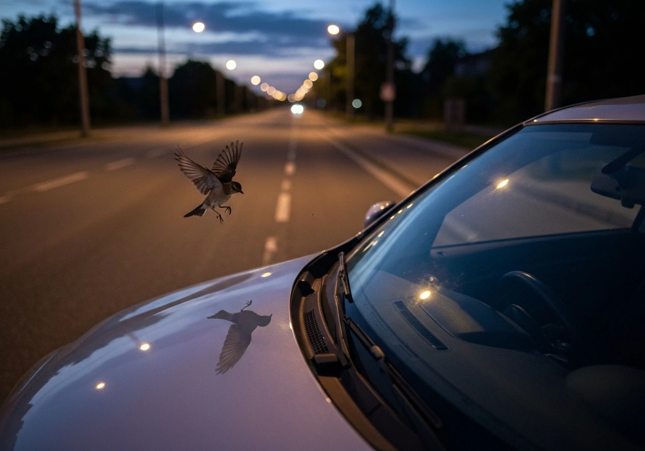 A small bird mid-flight about to hit a car hood, with the windshield reflecting light in the background.