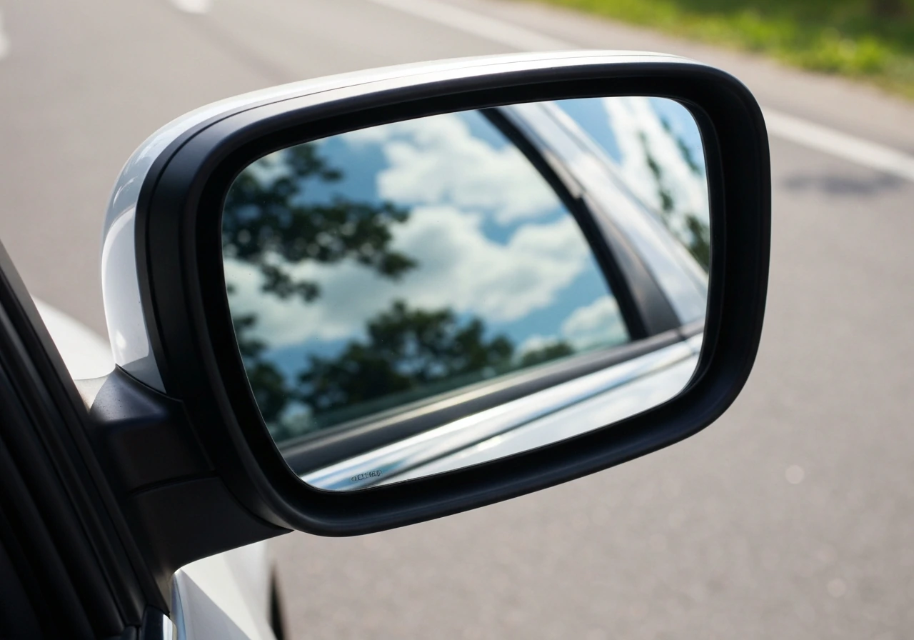 Close-up view of a car side mirror reflecting sky, with a bird-eye perspective feel