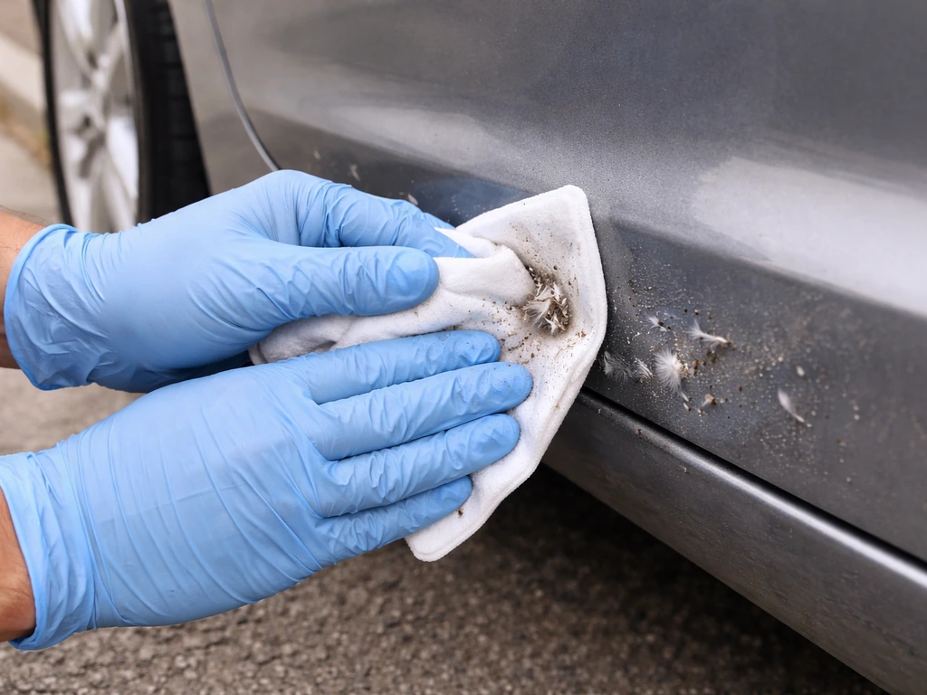 Gloved hands wiping small feathers and droppings off a car’s exterior near the wheel with safe cleaner wipes