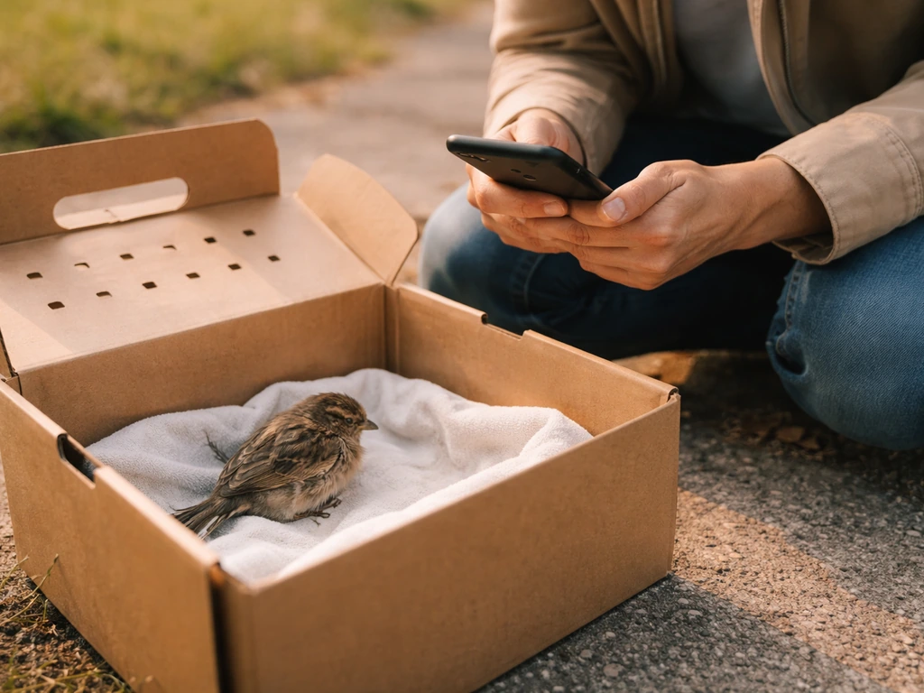 Person holding a phone near a small injured bird in a safe box outdoors