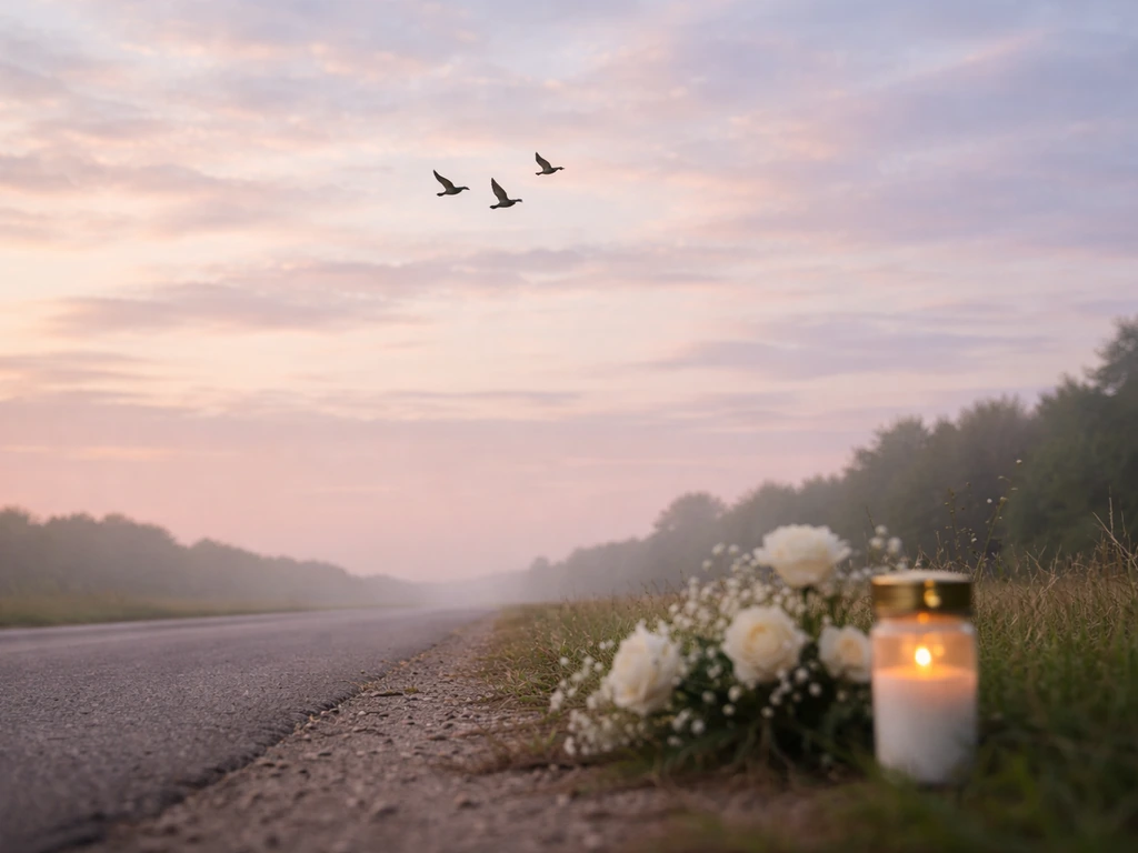 A few birds silhouetted against a calm sky near a quiet roadside memorial vibe