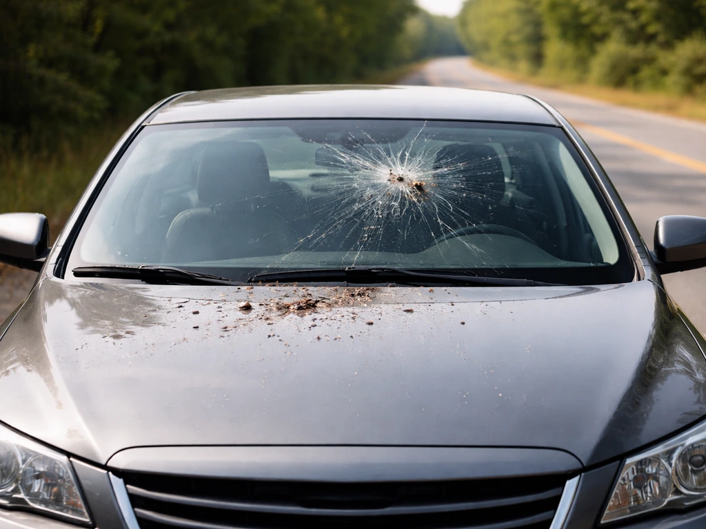 Close road scene with a parked car showing a visible bird-strike impact on the windshield.