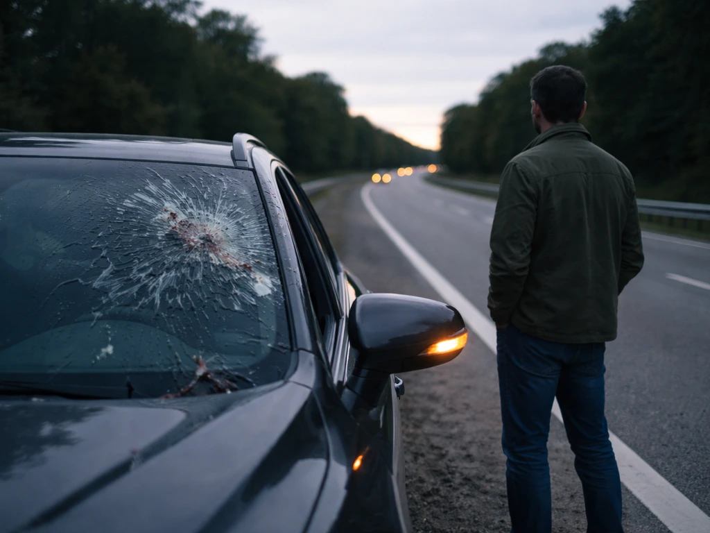 Car pulled over on a highway shoulder with hazard lights; driver safely out of the vehicle.