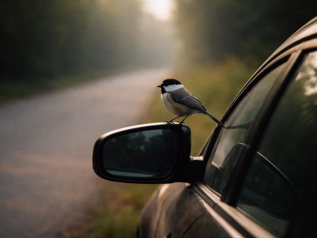A small bird perched near a parked car by the roadside in soft, early-morning light.