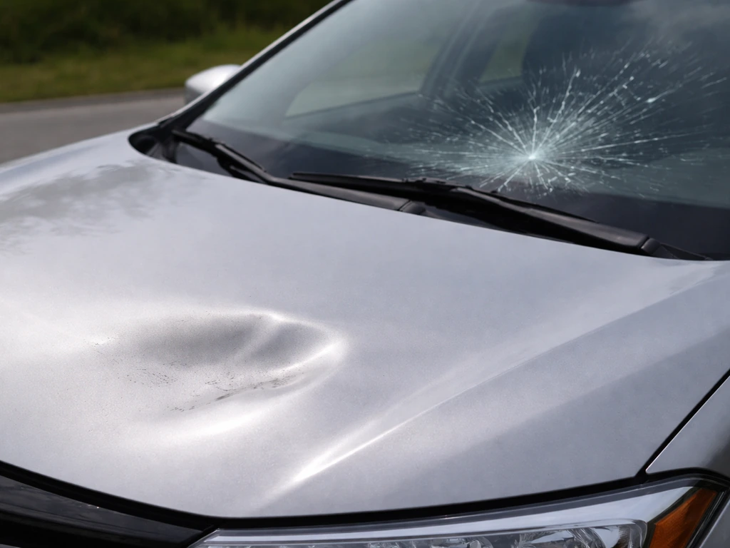 Close-up of a car’s hood dent and windshield impact cracks from a low-speed bird strike.