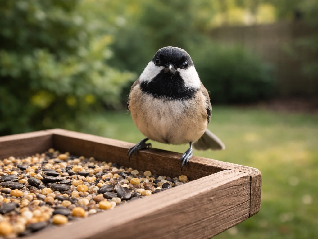 Wild songbird perched at a backyard feeder in soft morning light with a calm garden background.