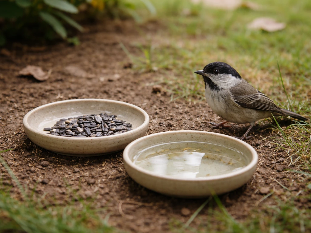 Small backyard bird near shallow dishes of black-oil sunflower seeds and clear water on soil.
