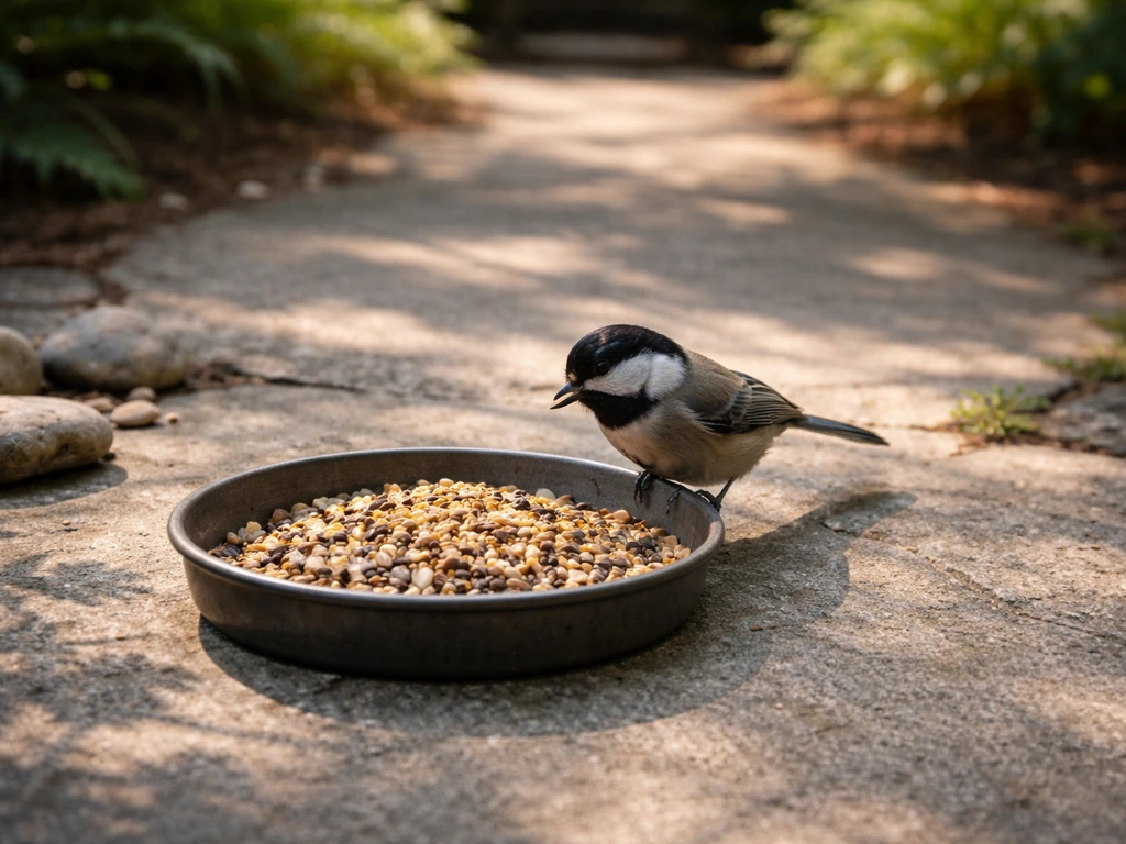 A small wild bird eating at a distant bird feeder dish while the area stays empty of people.