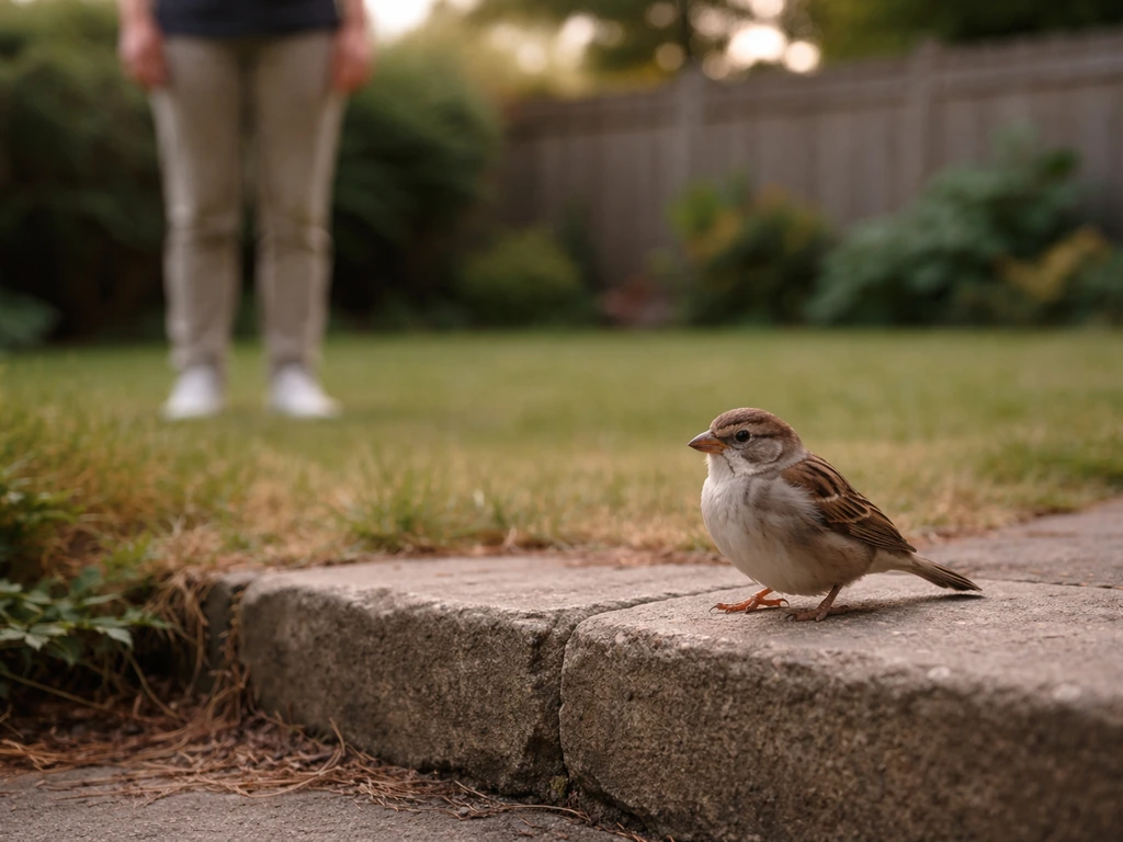 A calm bird perched near the yard while a person stands farther back in soft daylight.