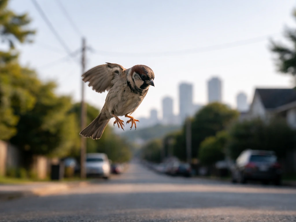 Small bird mid-fall near a neighborhood skyline, dramatic sky scene with no visible injury.