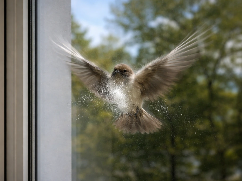 Small bird mid-collision against a large office window, sky and trees reflected, impact point visible.