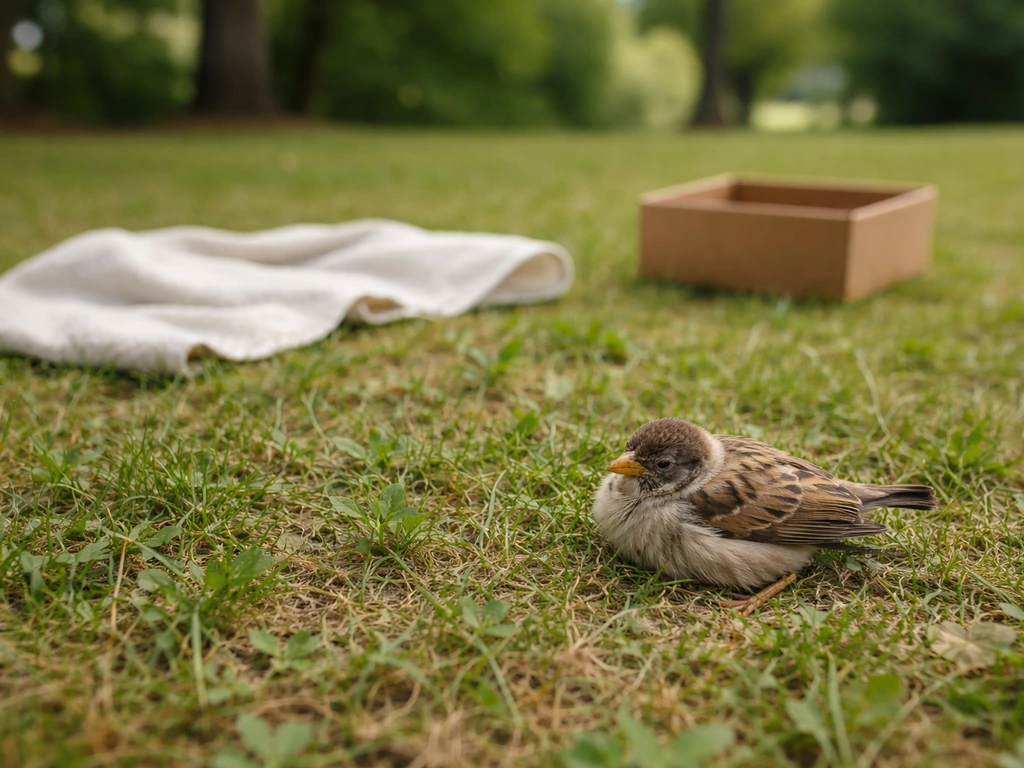 A sick-looking small bird lying low on grass in a quiet yard, with a towel and box nearby.