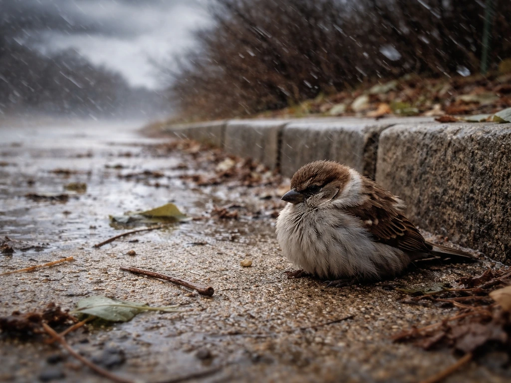 Small bird grounded on wet pavement near stormy gusts, rain and debris in the background.