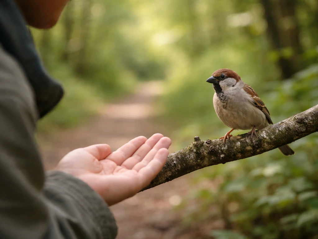 Wild bird perched on a branch watches a person’s hand from a safe distance in natural light.