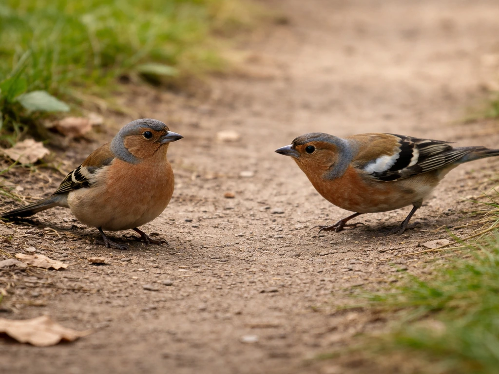 Two wild birds in a simple outdoor yard scene—one relaxed, one alert and tense near the same path.