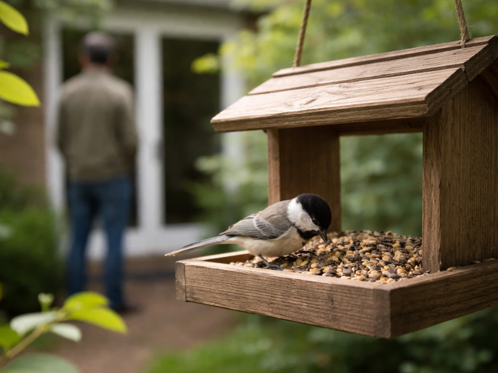 Small songbird actively feeding from a backyard feeder with a person standing quietly in the distance
