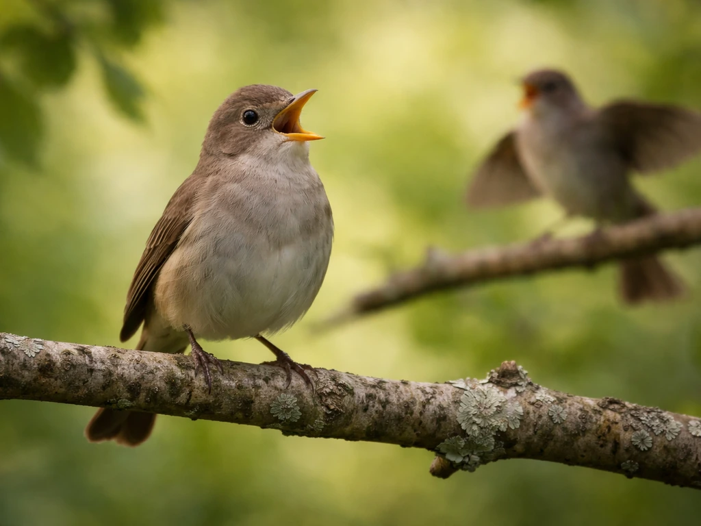 Small songbird perched on a branch, singing with a relaxed posture beside a tense, distant alarm-calling bird.
