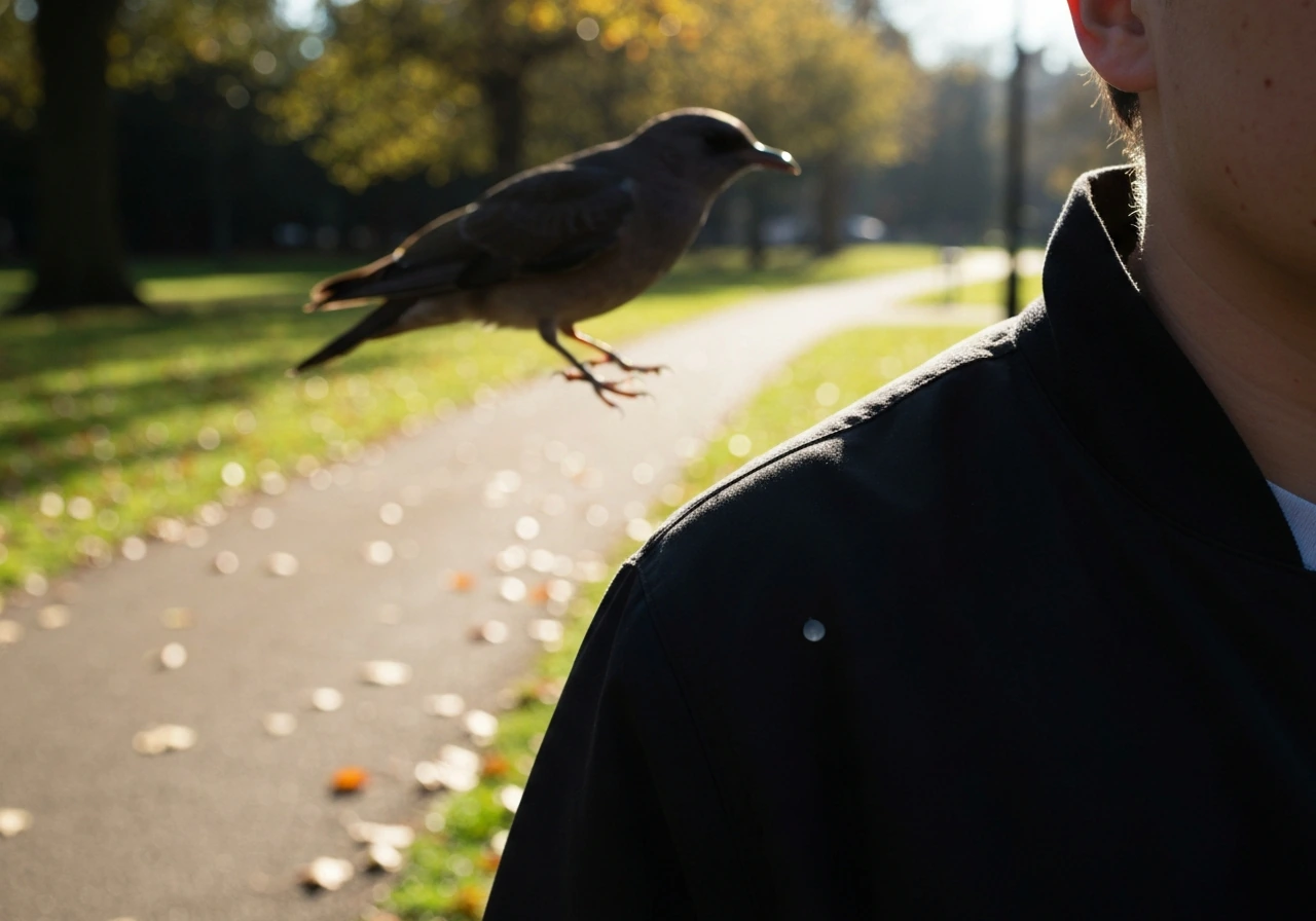 Person’s shoulder with a single small droplet as a bird silhouette is above in bright daylight.