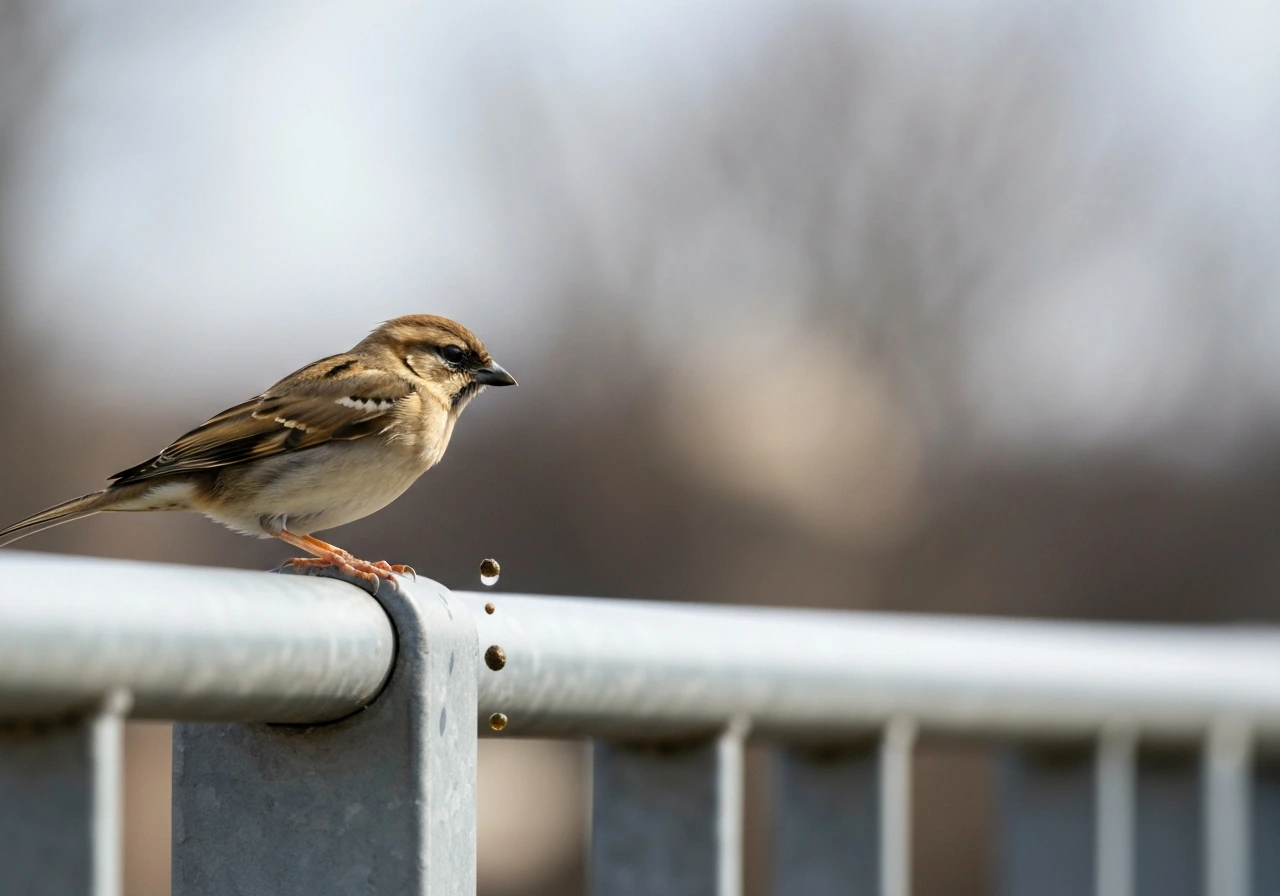 Close-up of a small bird perched on a railing, with a tiny droplet falling nearby against a blurred background.