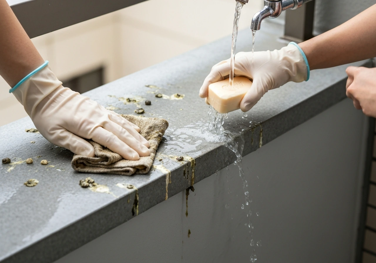 Close-up of gloved hand wiping then rinsing a small stained area with soap and water on an outdoor surface