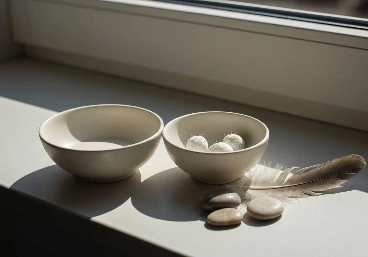 An off-white ceramic bowl and a single fresh bird feather on a sunlit windowsill, symbolizing cleansing and luck