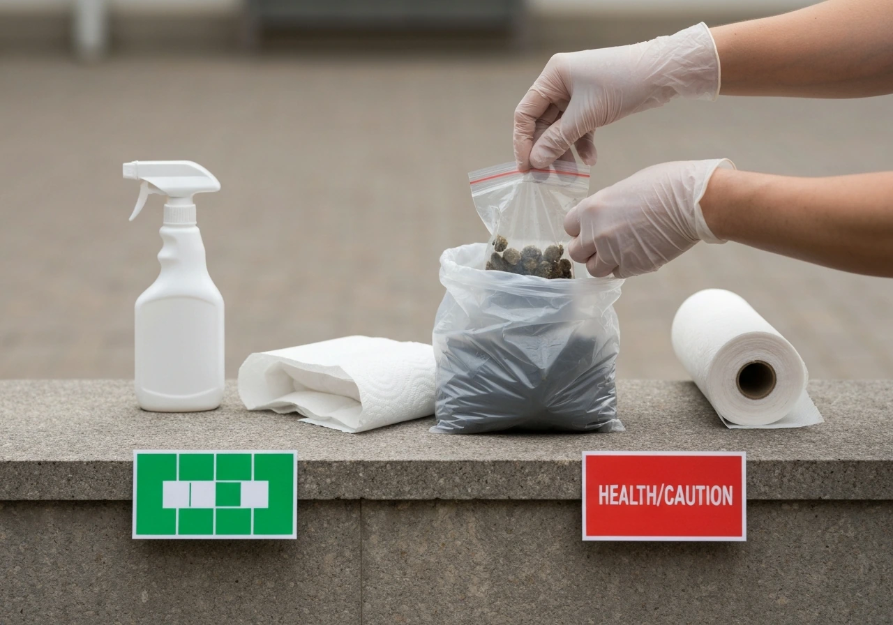 Gloved hands bag bird droppings while disinfectant supplies and color cue cards sit nearby outdoors.