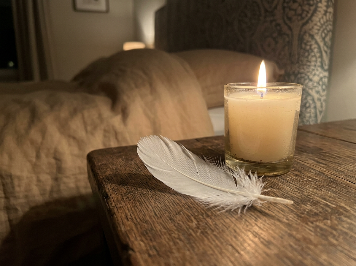 White bird feather and candle representing purity and spiritual openness in dream symbolism