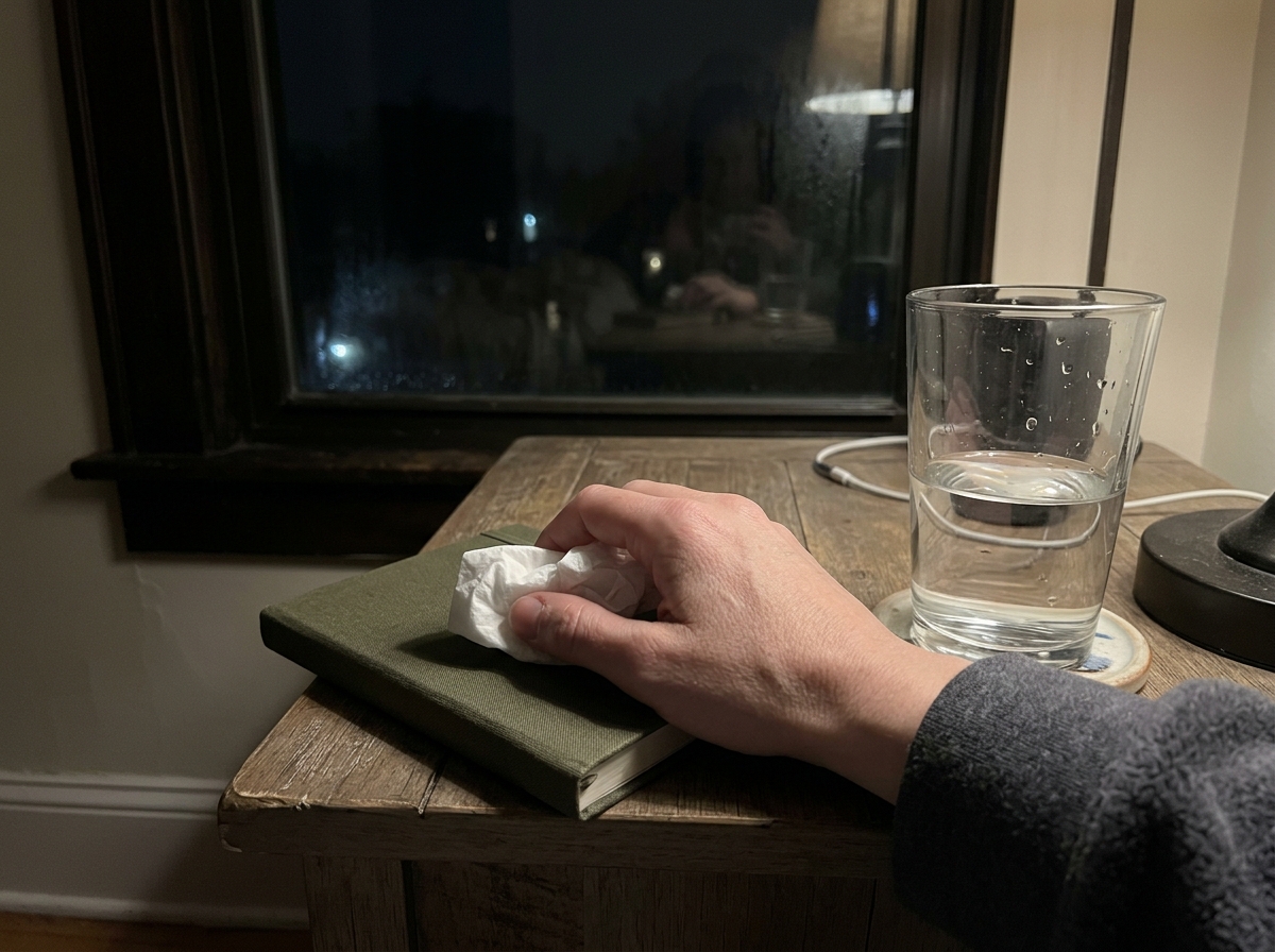 Tissues and journal by a window reflecting grief, fear, or guilt after a disturbing dream