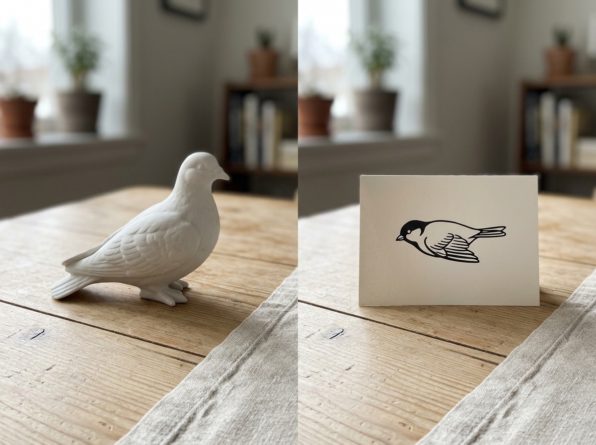 White dove figurine compared with an inert white bird figure for folklore symbolism