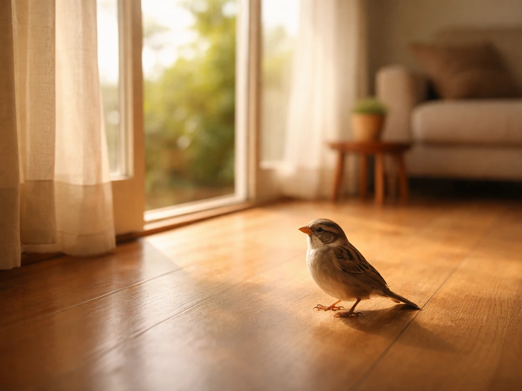 Small indoor bird near an open window with soft daylight spilling into a quiet room.
