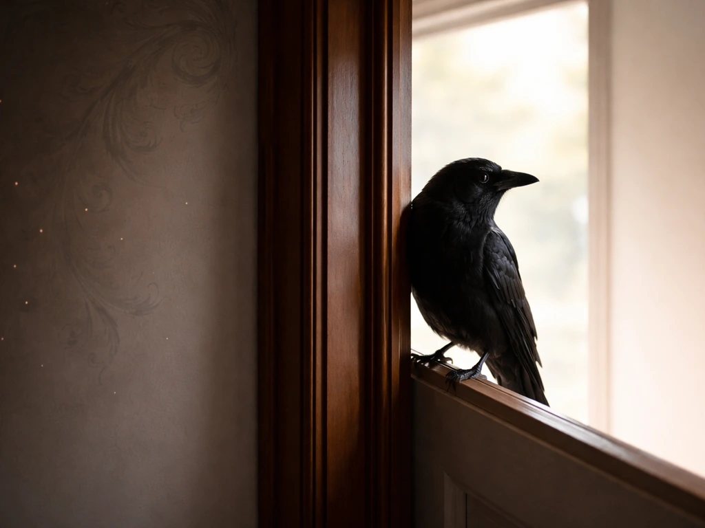 A dark bird perched by an indoor doorway/window, with subtle superstition-vs-reality contrast mood.