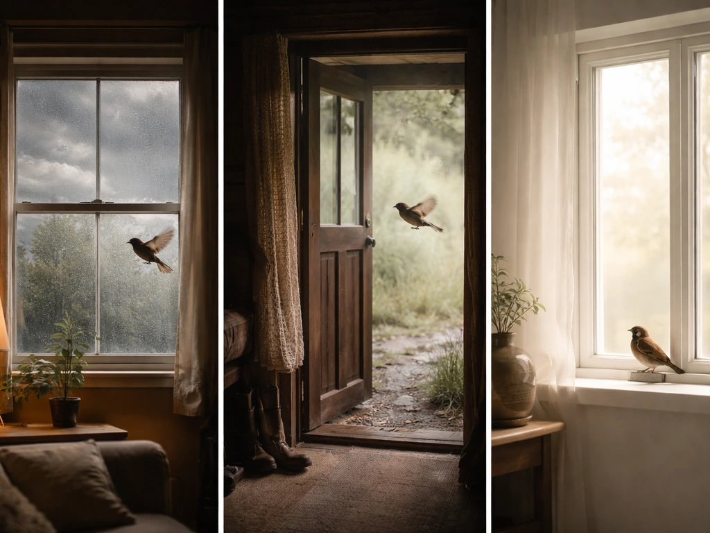 Three-panel minimal collage of an indoor bird near a window, with different mood cues suggesting folklore readings.