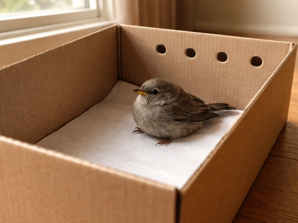 Stunned wild bird resting in an air-holed shoebox placed near a window indoors