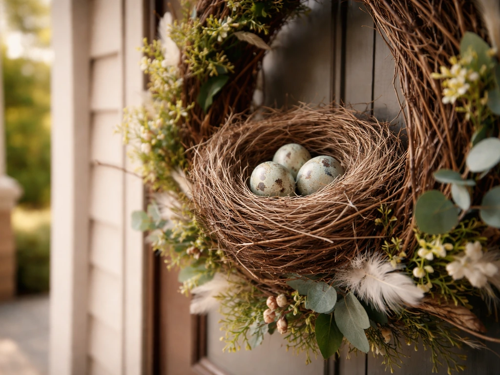 Detailed bird nest woven into a door wreath on a front door, with the entrance softly blurred behind.